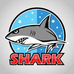 Cartoon shark mascot with blue circle