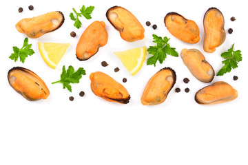 mussels with parsley lemon and peppercorns isolated on white background. Top view. Flat lay