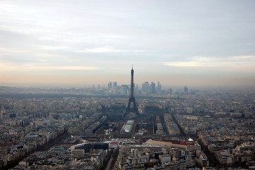 Fototapeta na wymiar Aerial view on Paris on foggy day 