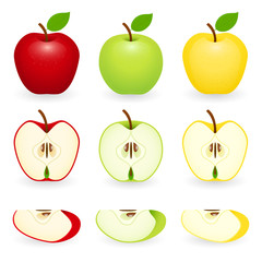 Apples red, green and golden with slices. Vector illustration isolated on white background.