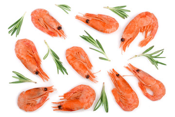 Red cooked prawn or shrimp with rosemary isolated on white background. Top view. Flat lay