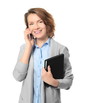 Beautiful Real Estate Agent Talking On Phone Against White Background