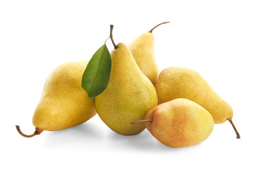Delicious ripe pears on white background