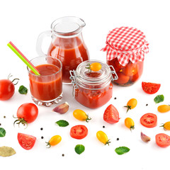 Tomato juice, ketchup and tomato isolated on white background.