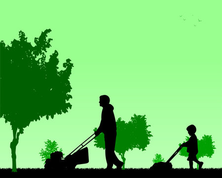 Son helps father mow grass, one in the series of similar images silhouette