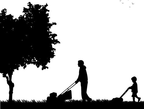 Son helps father mow grass, one in the series of similar images silhouette
