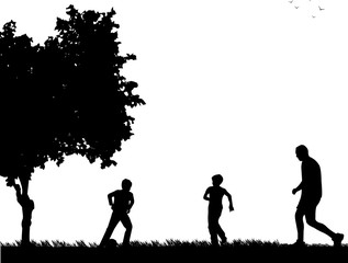 Fototapeta na wymiar Daddy and sons playing football in park, one in the series of similar images silhouette