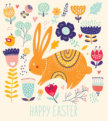 Flower pattern with birds and flowers. Baby pattern with bunny. Big spring Easter collection of flowers, leaves, birds, bunny and spring symbols	