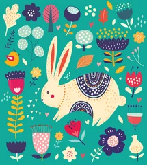 Gordijnen Naadloze herfst Vector illustration with a colored floral element and decorative hare  © moleskostudio
