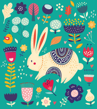 Vector illustration with a colored floral element and decorative hare