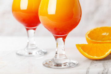 Glasses with cocktail Sex on the Beach, closeup