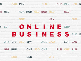 Business concept: Painted red text Online Business on White Brick wall background with Currency