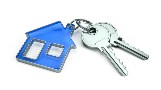 Key to a new home concept - House keys with trinket house isolated on white. 3d rendering