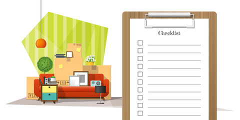 Moving home concept with survey clipboard and pile of furniture background , vector , illustration