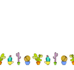 Vector cacti flower background. Seamless border with cactus in pot. Cartoon hand drawn cactus