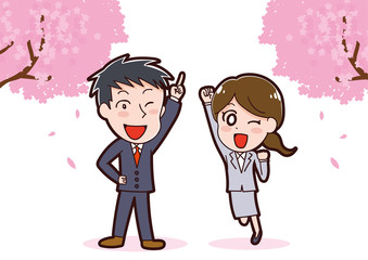 桜と新入社員のイラスト素材