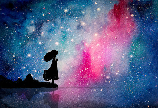 Watercolor painting of the girl pray to star for peaceful and hope in the dark night