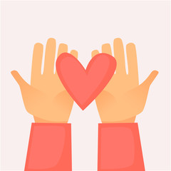 Hands holding a heart. Flat design vector illustration.