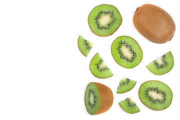 Fototapeta na wymiar Kiwi fruit with slices isolated on white background with copy space for your text. Top view. Flat lay pattern