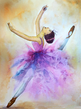 Watercolor painting of soft sweet ballerina dancing