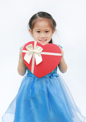 Smiling little child girl with red heart gift box isolated on white background. Concept Valentine's Day.