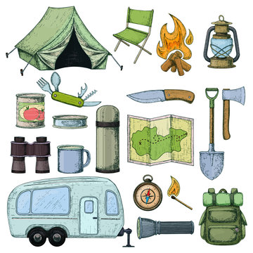 Set of travel equipment. Accessories for camping and camps. Colorful sketch cartoon illustration of camping and tourism equipment. Vector