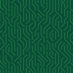 Technology seamless pattern from line connections on green backdrop. Abstract information connectivity background. IT-development conception. Neural structure. Vector illustration