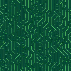 Technology seamless pattern from line connections on green backdrop. Abstract information connectivity background. IT-development conception. Neural structure. Vector illustration