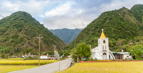 Little white church in a rice field in Taiwan