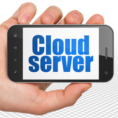 Cloud computing concept: Hand Holding Smartphone with blue text Cloud Server on display, 3D rendering