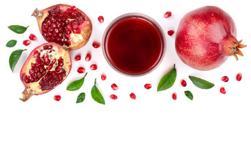 pomegranate juice with fresh pomegranate fruits isolated on white background with copy space for your text. Top view