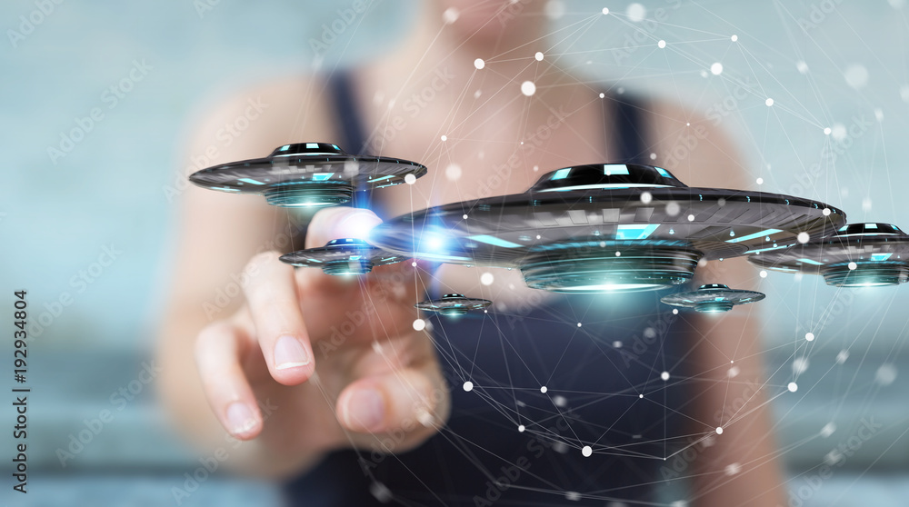 Poster businesswoman with retro ufo spaceship 3d rendering