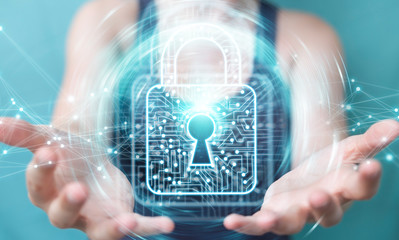 Businesswoman using digital padlock with data protection 3D rendering