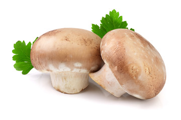 Royal Brown champignon with leaf parsley isolated on white background