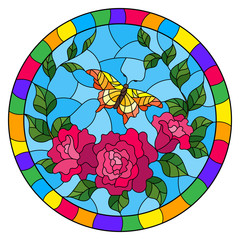 Illustration in stained glass style with red flowers and leaves of  pink rose, and yellow butterfly round picture in a bright frame 