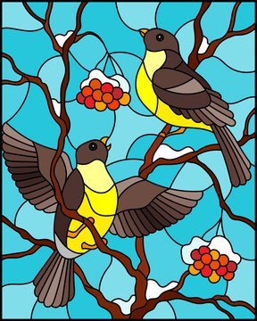 Illustration in stained glass style with a pair of birds titmouses on snow-covered mountain ash branches with berries on a background of the sky