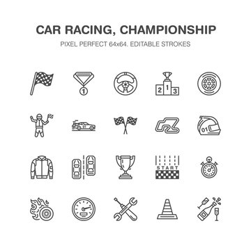 Car Racing Vector Flat Line Icons. Speed Auto Championship Signs - Track, Automobile, Racer, Helmet, Checkered Flags, Steering Wheel, Start. Pixel Perfect 64x64.