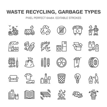Recycling flat line icons. Pollution, recycle plant. Garbage sorting types - paper, glass, plastic, metal, flammable trash. Thin linear signs for waste management. Pixel perfect 64x64.
