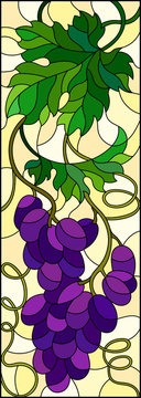 The illustration in stained glass style painting with a bunch of red grapes and leaves on a yellow  background,vertical image