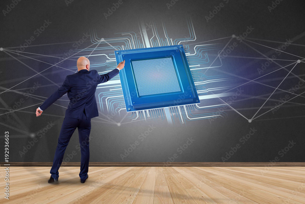 Poster businessman in front of a wall with a processor chip and network connection - 3d render