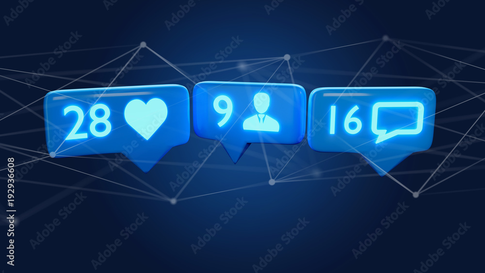 Poster like, follower and message notification on social network - 3d render