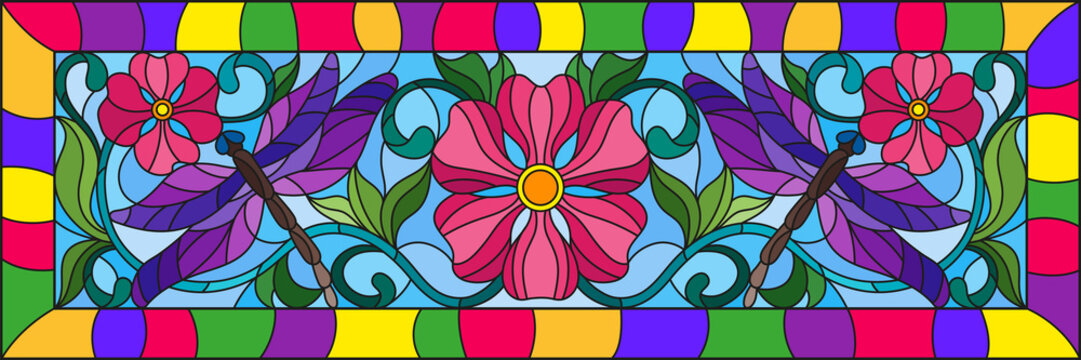 Illustration in stained glass style with bright dragonflyes , floral ornament and pink flowers on a blue background in a bright frame 