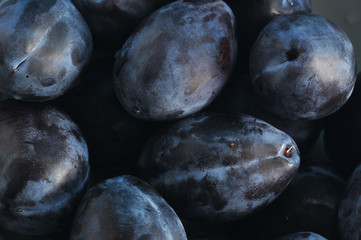 Ripe plums create a background. View from above. Close-up. Macro photography.