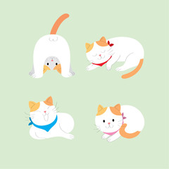 Cartoon cute actions orange and white cat vector. Green background.