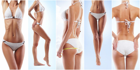Collage of a fit female body in underwear. Health, sport, fitness, nutrition, weight loss, diet, cellulite removal, liposuction, healthy life-style concept. 