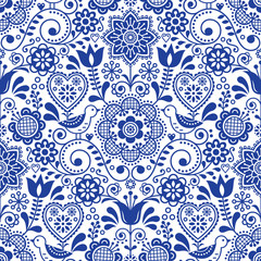 Seamless folk art vector pattern with birds and flowers, Scandinavian navy blue repetitive floral design - obrazy, fototapety, plakaty