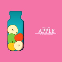 Papercut bottle with slice red yellow green apples fruit. Vector card llustration. Craft paper apple fruit border and detox water cocktail for design of food packaging juice, cosmetics, tea, diet.