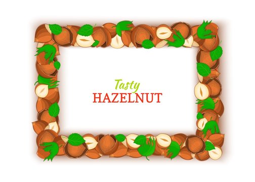 Horizontal rectangle colored frame composed of delicious of hazelnut. Vector card illustration. Filbert nuts frame, walnut fruit in the shell, whole, shelled, leaves for packaging design of food