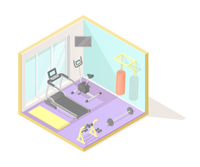 Vector isometric low poly cutaway interior illustartion. Home fitness or gym room with treadmill, exercise bike, punching bag, dumbbells and mat. Healthy lifestyle