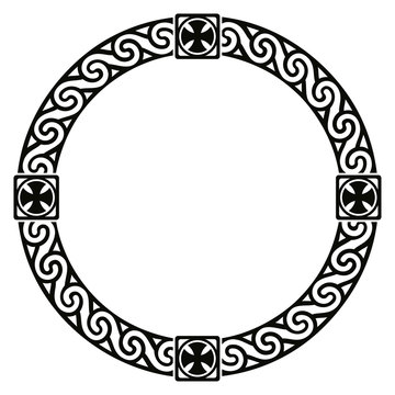 Celtic national circle ornament as interlaced ribbon with crosses isolated on white background.